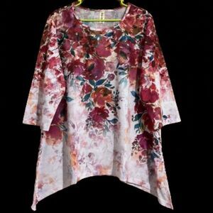 Endless Designs Women’s Red Multi Floral Print 3/4 Sleeve Tunic Top Sz-XL